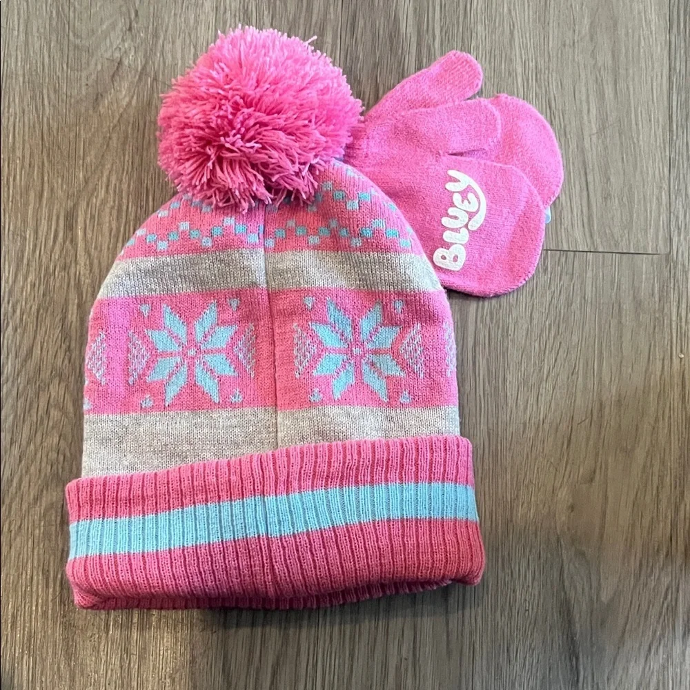 Bluey Pink and Gray Snowflake Hat with Mittens